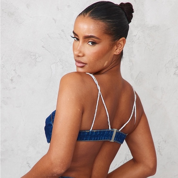 DARK BLUE WASH DIAMANTÉ STRAP DENIM BRALETTE - Picture 2 of 4